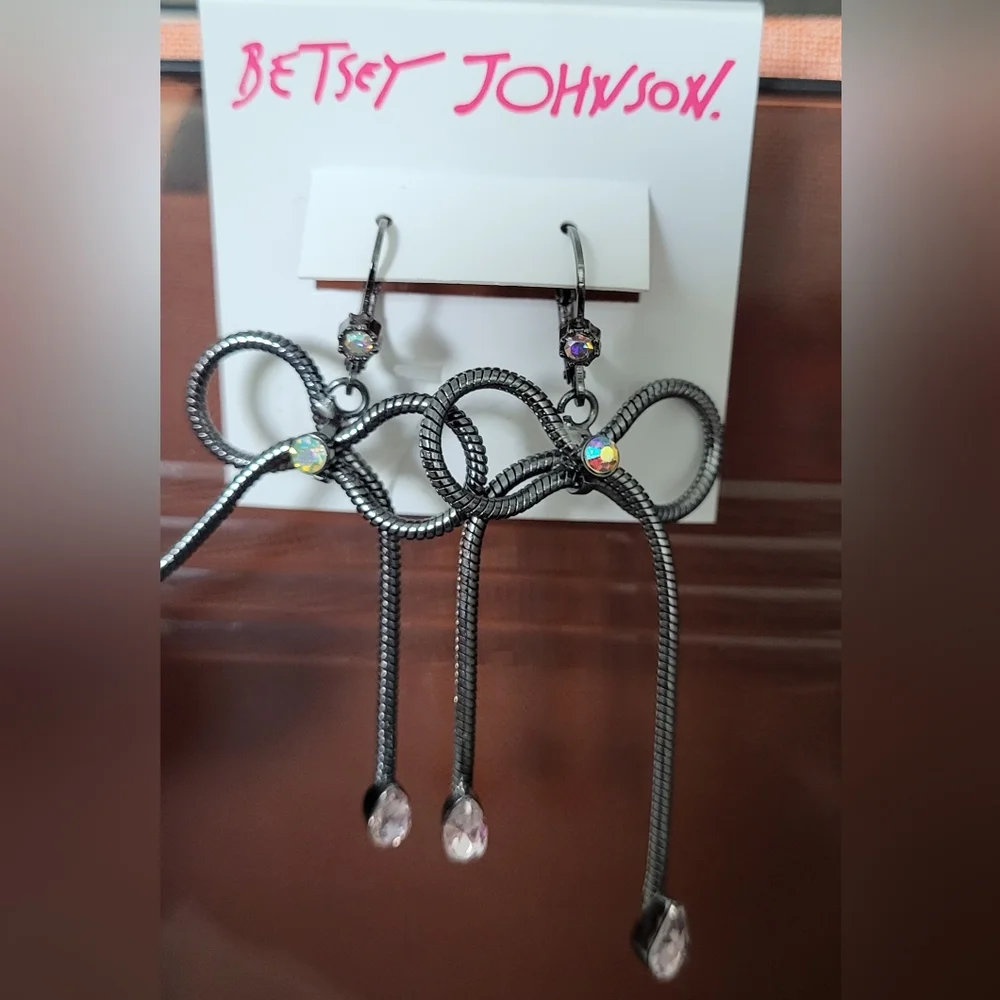 Betsey Johnson Gunmetal Bow Drop Earrings with Aurora Crystals